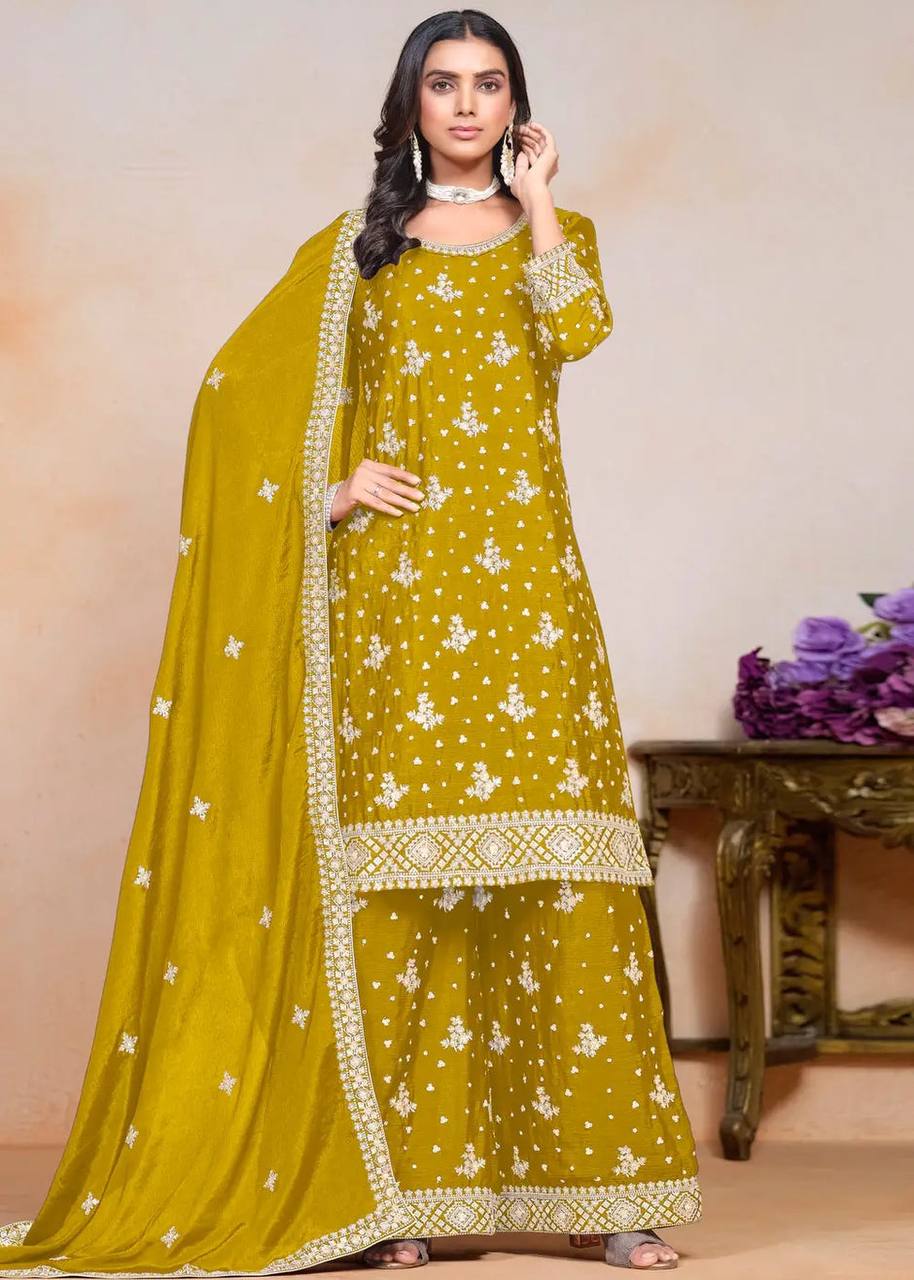 YELLOW CHINON WITH EMBROIDERY SEQUENCE DESIGN WORK PALAZZO SUIT - INSPIRED - qivii
