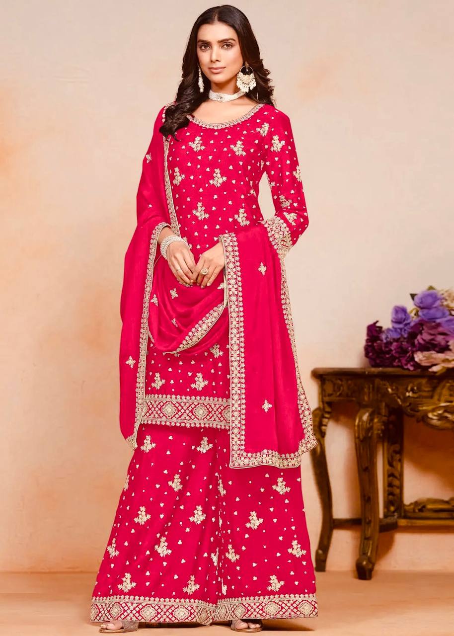 PINK CHINON WITH EMBROIDERY SEQUENCE DESIGN WORK PALAZZO SUIT - INSPIRED - qivii