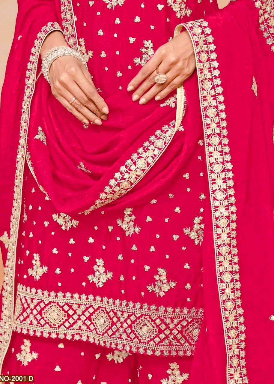 PINK CHINON WITH EMBROIDERY SEQUENCE DESIGN WORK PALAZZO SUIT - INSPIRED - qivii