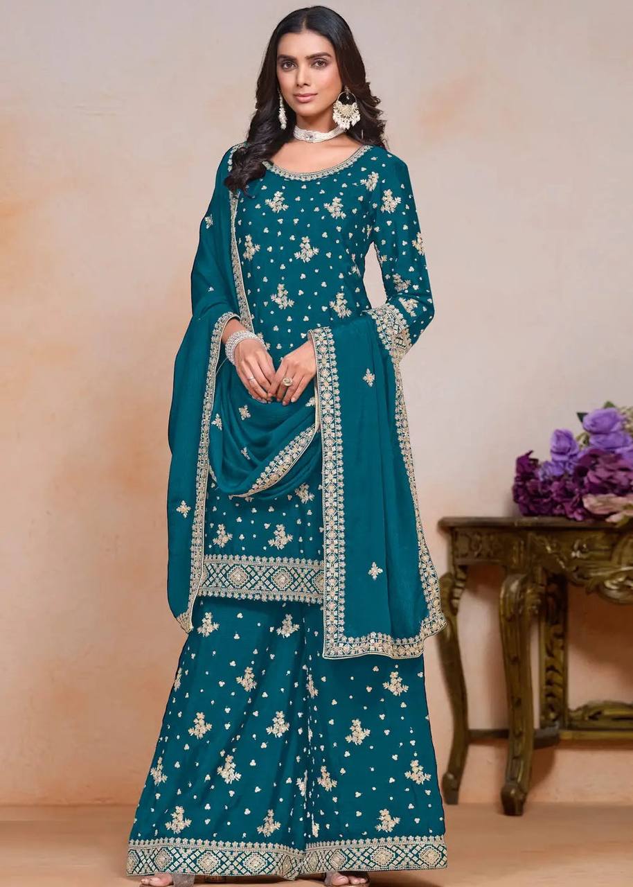 TEAL BLUE CHINON WITH EMBROIDERY SEQUENCE DESIGN WORK PALAZZO SUIT - INSPIRED - qivii