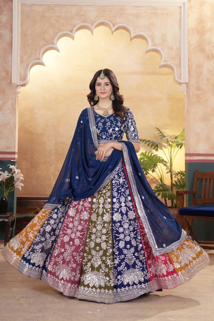 MULTI COLOR FAUX GEORGEET EMBROIDERY SEQUENCE DESIGN WORK LEHENGA - INSPIRED | Ready To Wear - qivii