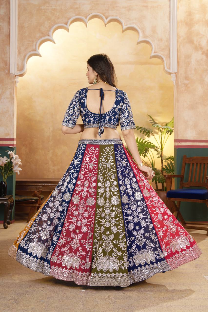 MULTI COLOR FAUX GEORGEET EMBROIDERY SEQUENCE DESIGN WORK LEHENGA - INSPIRED | Ready To Wear - qivii