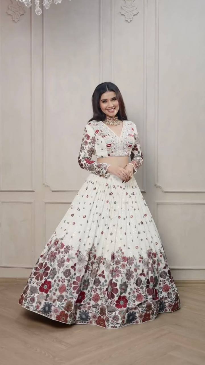 White Foux gorgette Sequnce with thread Lehenga choli - INSPIRED | Ready To Wear - qivii
