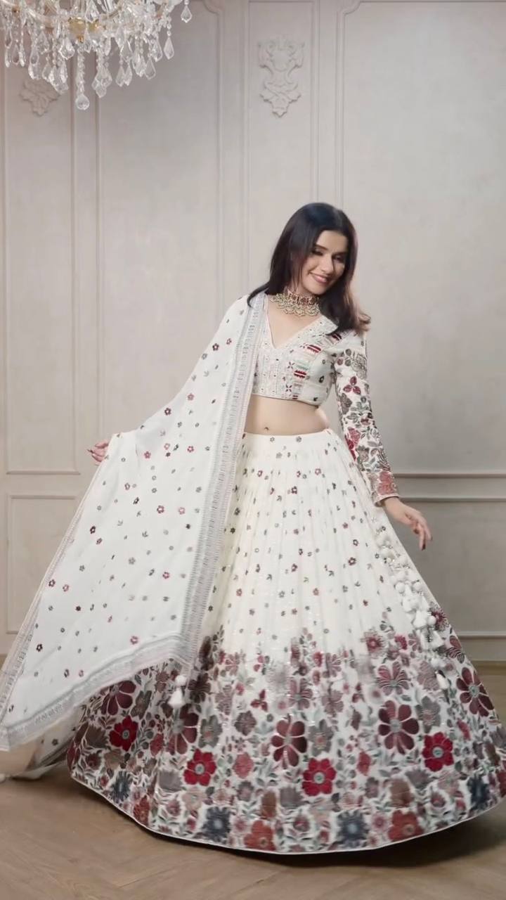 White Foux gorgette Sequnce with thread Lehenga choli - INSPIRED | Ready To Wear - qivii