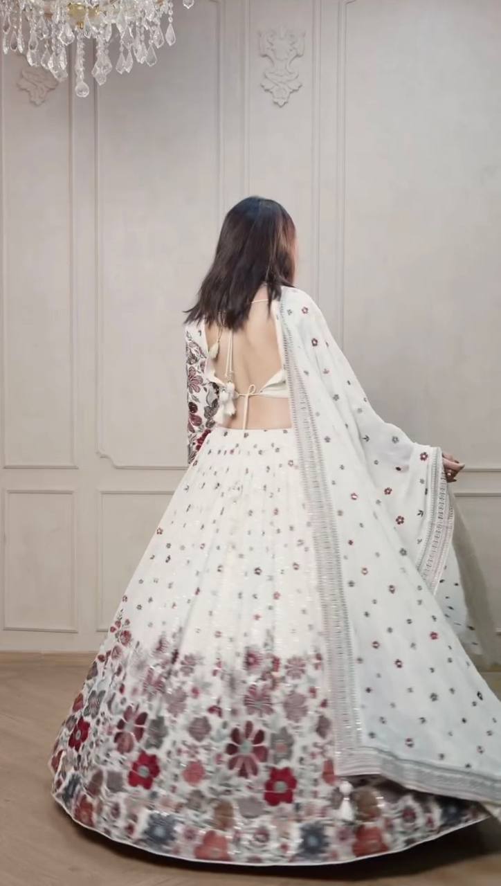 White Foux gorgette Sequnce with thread Lehenga choli - INSPIRED | Ready To Wear - qivii