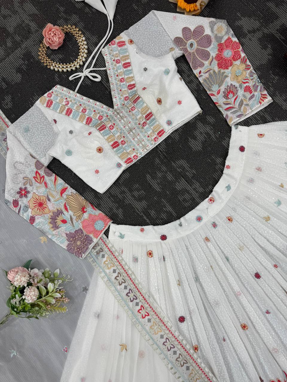 White Foux gorgette Sequnce with thread Lehenga choli - INSPIRED | Ready To Wear - qivii