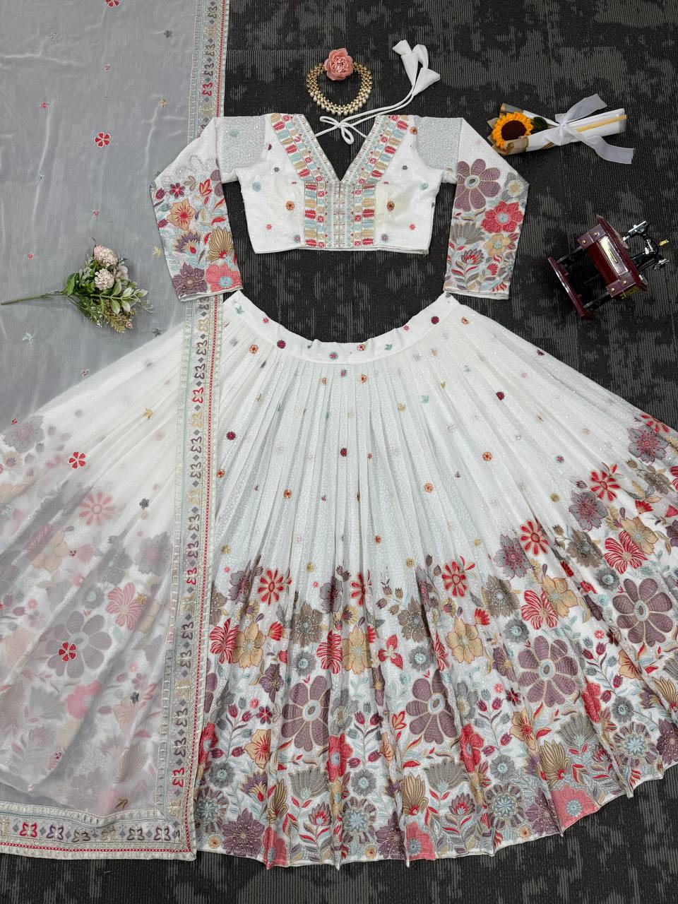 White Foux gorgette Sequnce with thread Lehenga choli - INSPIRED | Ready To Wear - qivii