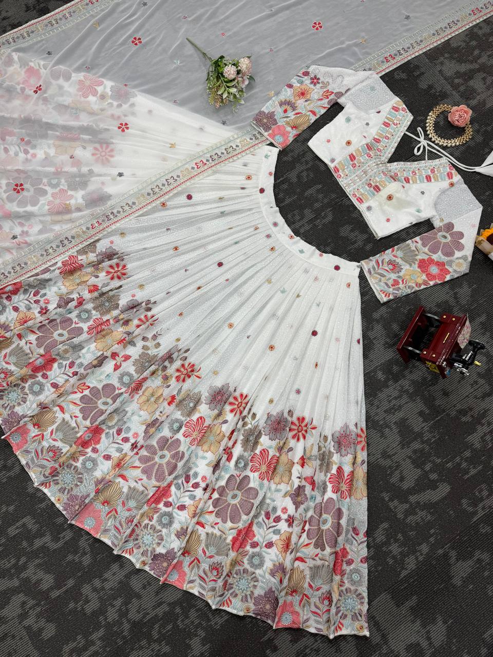 White Foux gorgette Sequnce with thread Lehenga choli - INSPIRED | Ready To Wear - qivii