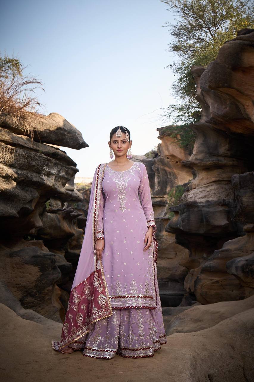 Pink Foux Gorgette Micro Thread with Sequnce with Rivet moti with fancy lace broder Sharara Suit - INSPIRED - qivii