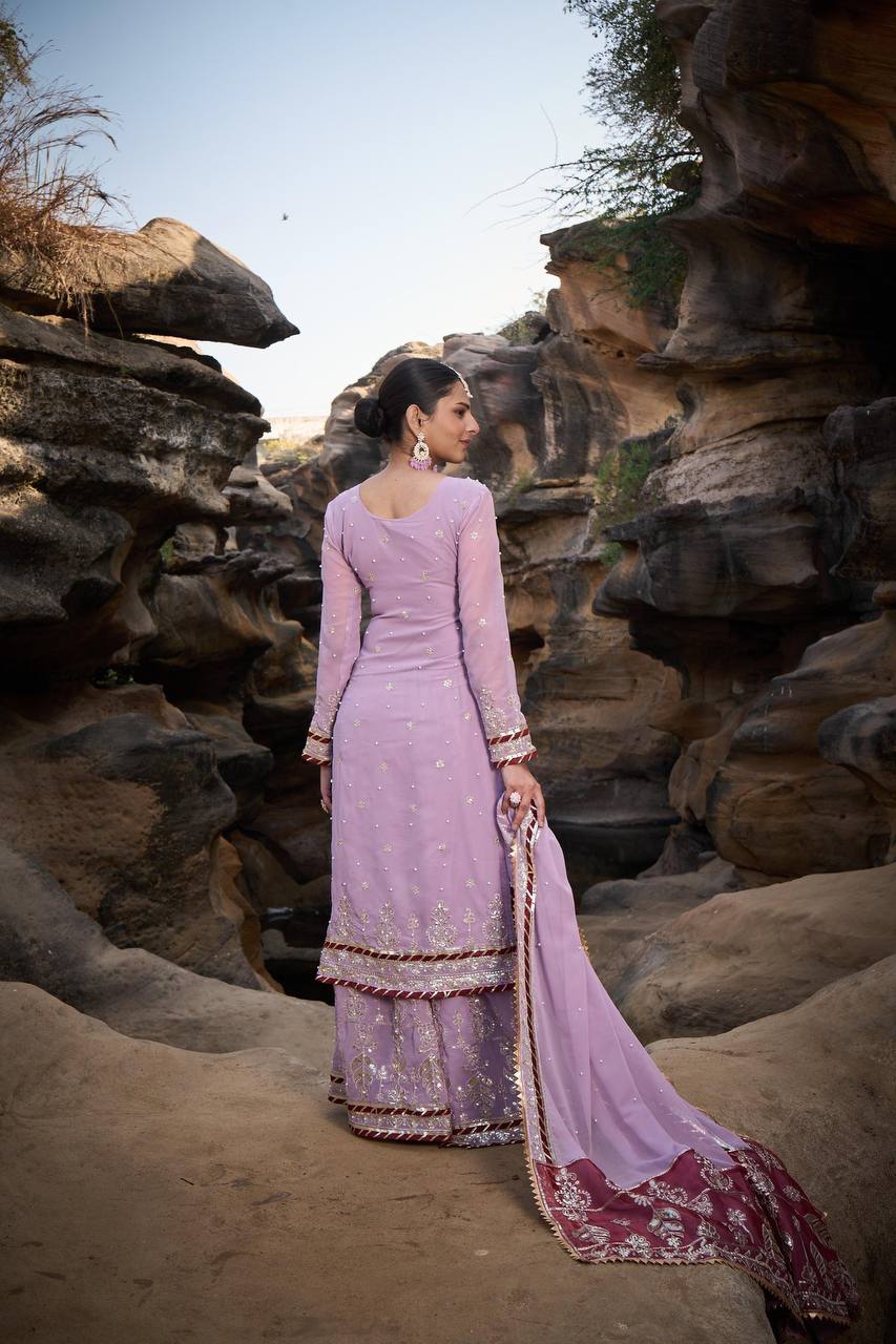 Pink Foux Gorgette Micro Thread with Sequnce with Rivet moti with fancy lace broder Sharara Suit - INSPIRED - qivii