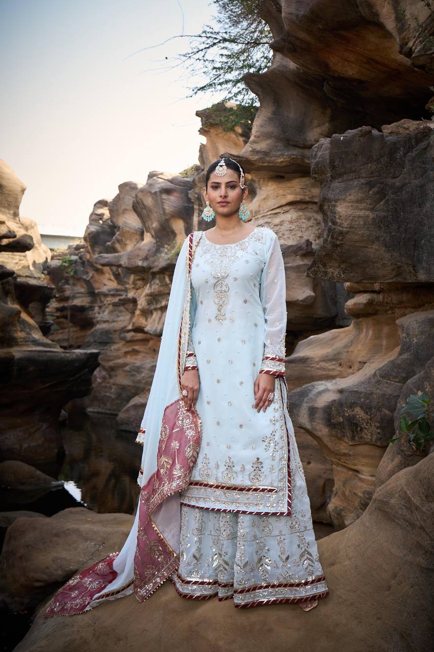 Blue Foux Gorgette Micro Thread with Sequnce with Rivet moti with fancy lace broder Sharara Suit - INSPIRED - qivii