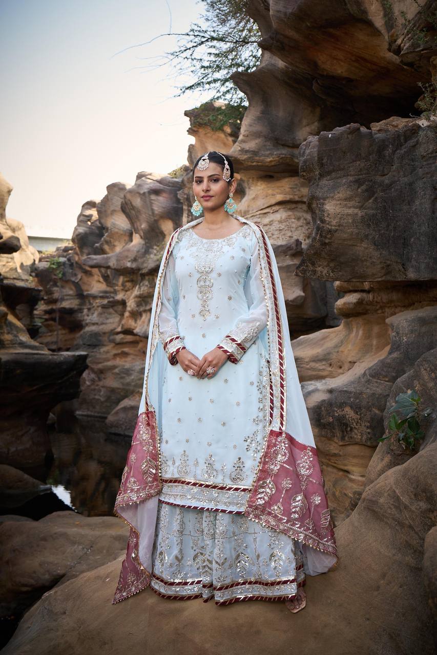 Blue Foux Gorgette Micro Thread with Sequnce with Rivet moti with fancy lace broder Sharara Suit - INSPIRED - qivii