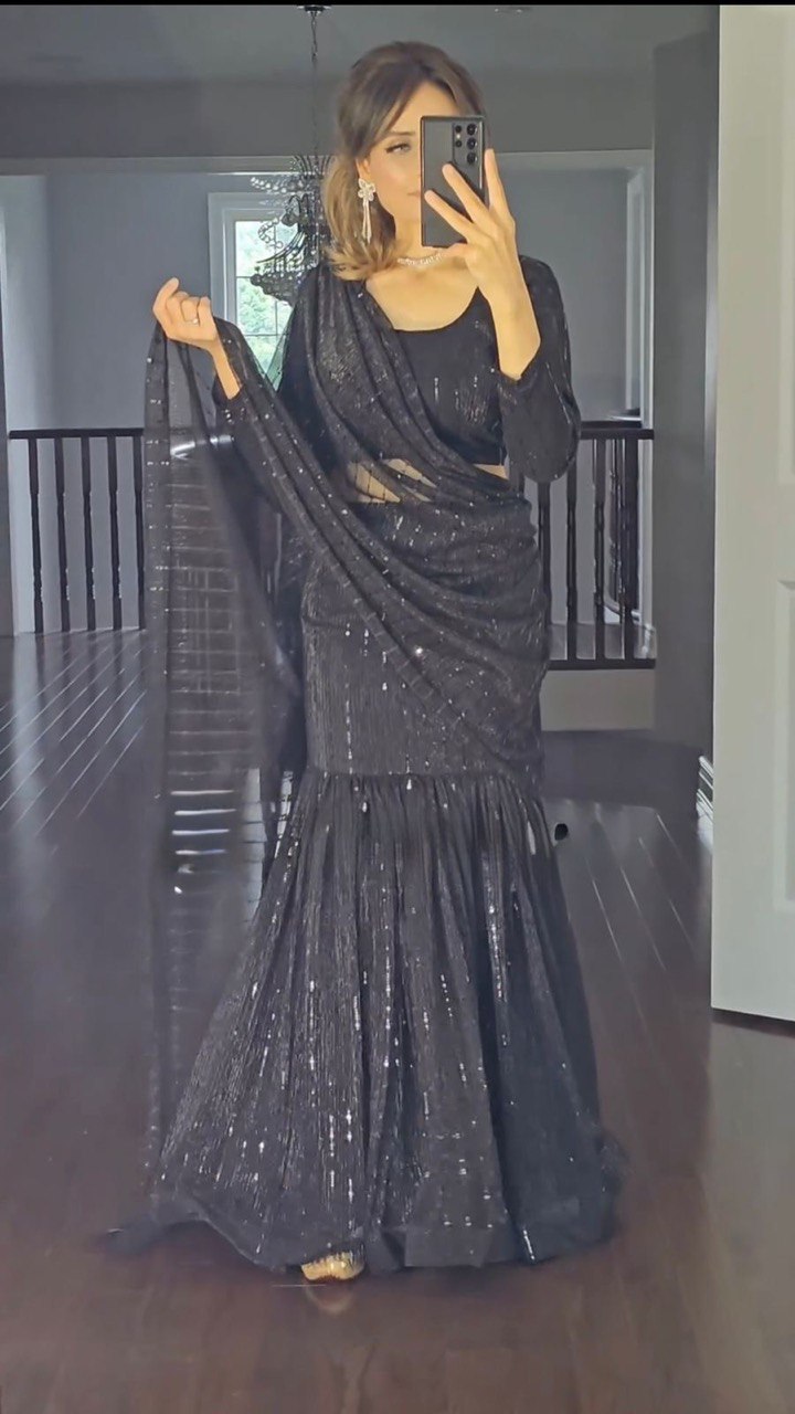 Black fancy Laycra micro Reday to wear Lehengha saree - INSPIRED - qivii