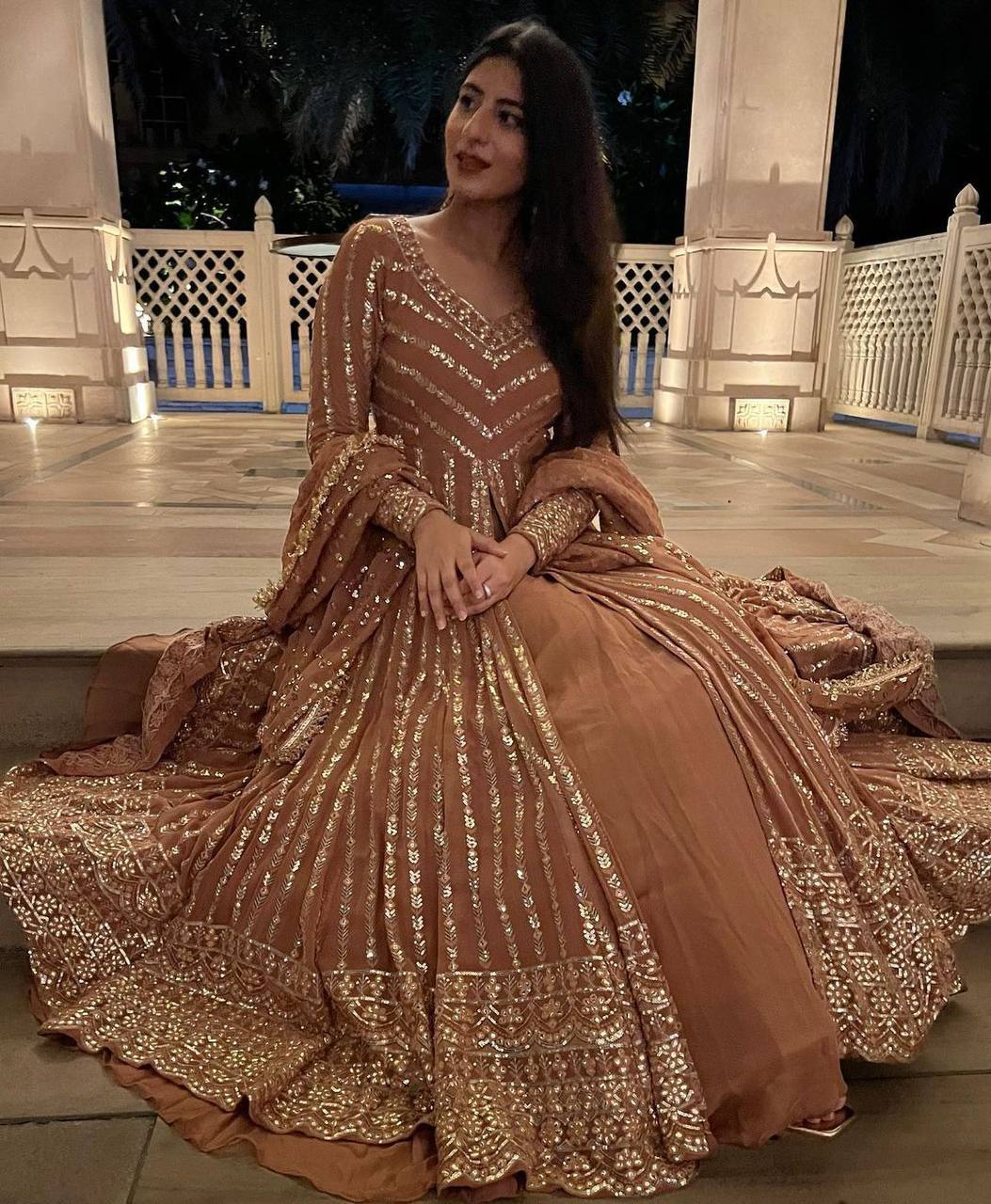 Brown Foux gorgette micro thread with Seuqnce Lehenga Choli - INSPIRED | Ready To Wear - qivii