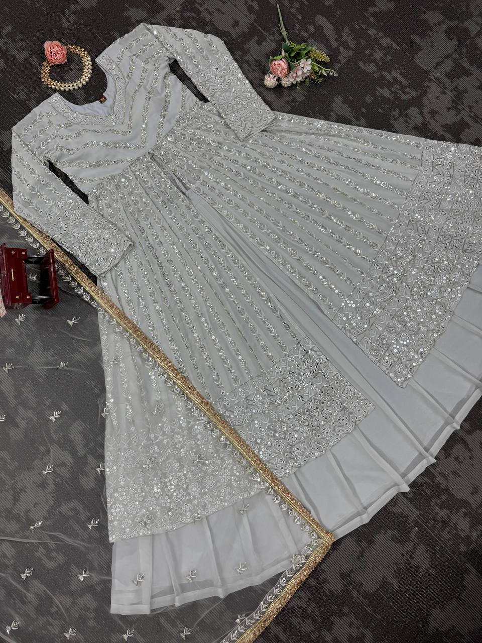 White Foux gorgette micro thread with Seuqnce Lehenga Choli - INSPIRED | Ready To Wear - qivii