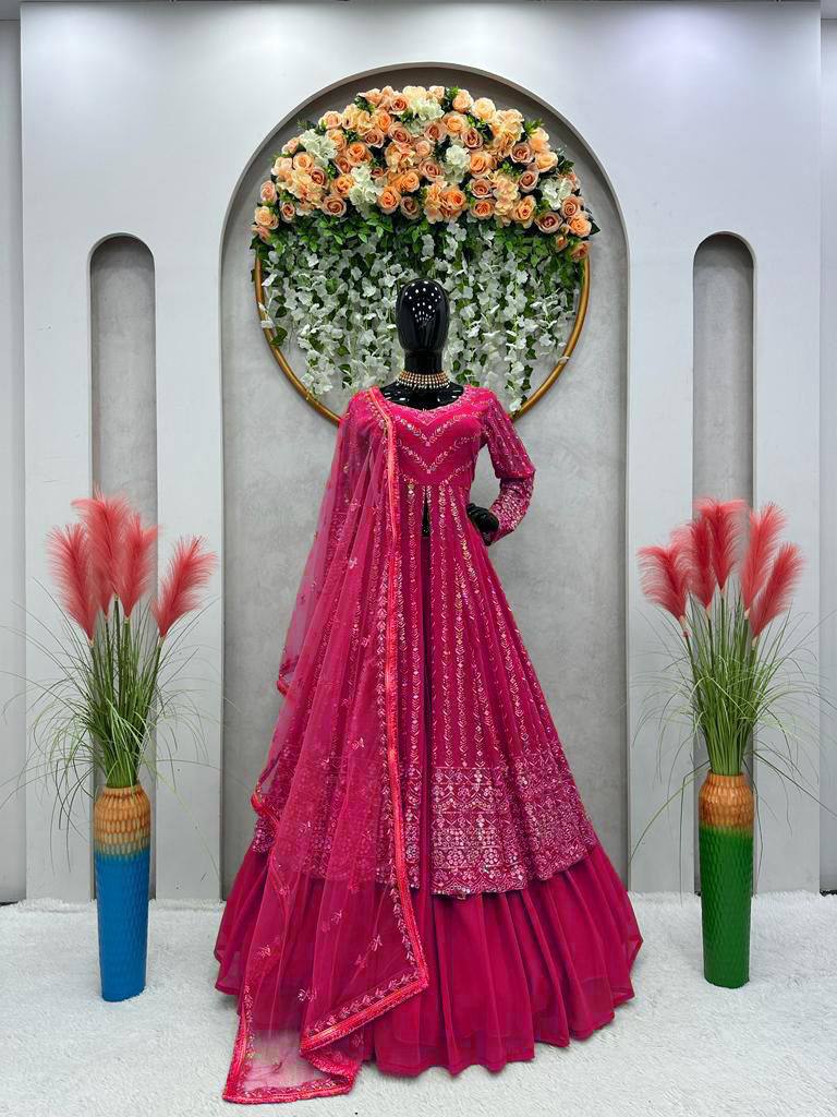 Pink Foux gorgette micro thread with Seuqnce Lehenga Choli - INSPIRED | Ready To Wear - qivii