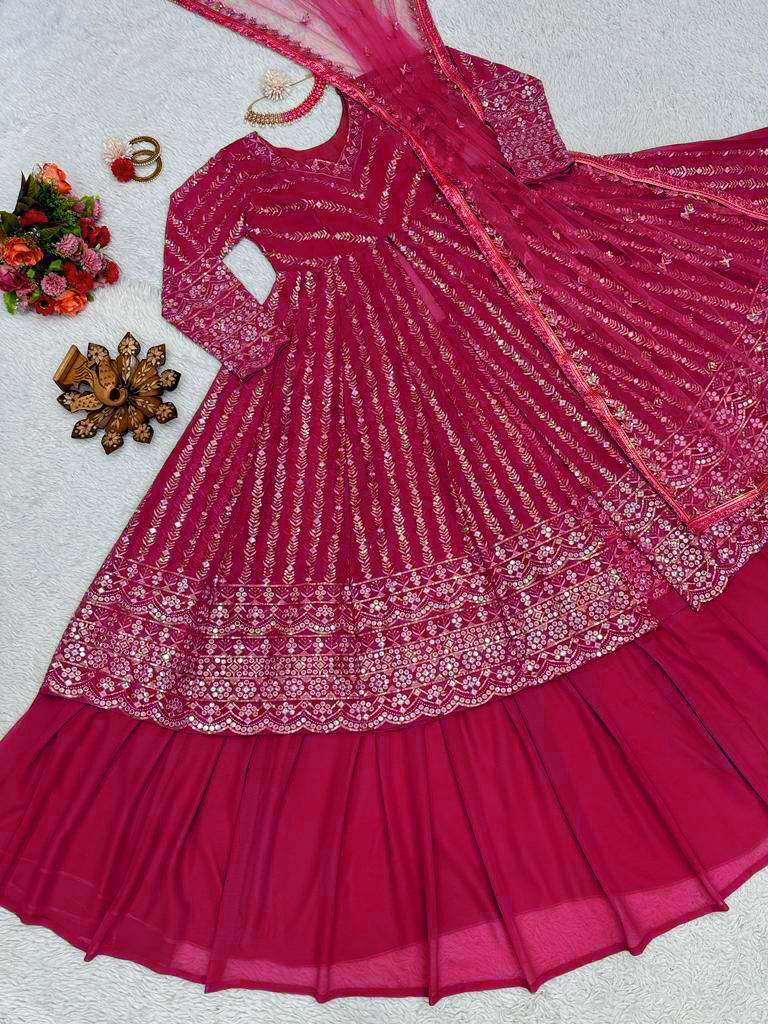 Pink Foux gorgette micro thread with Seuqnce Lehenga Choli - INSPIRED | Ready To Wear - qivii