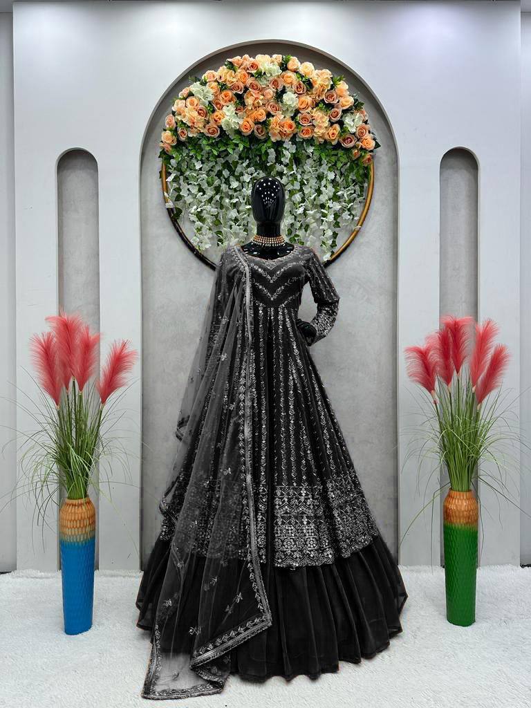 Black Foux gorgette micro thread with Seuqnce Lehenga Choli - INSPIRED | Ready To Wear - qivii