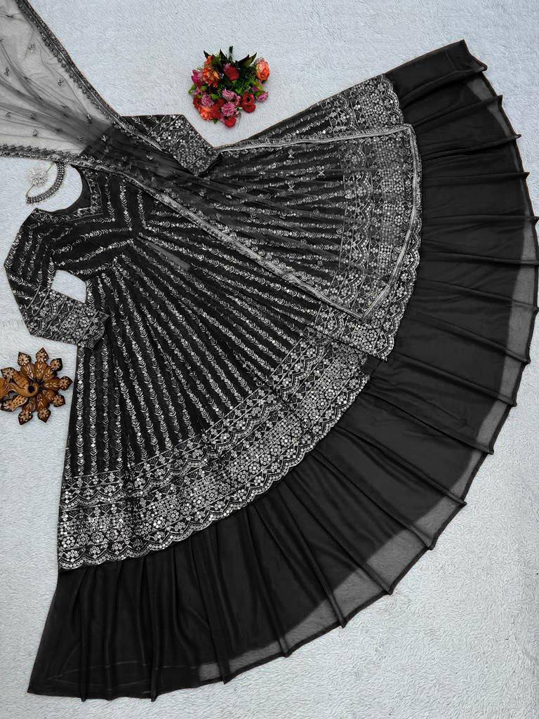 Black Foux gorgette micro thread with Seuqnce Lehenga Choli - INSPIRED | Ready To Wear - qivii