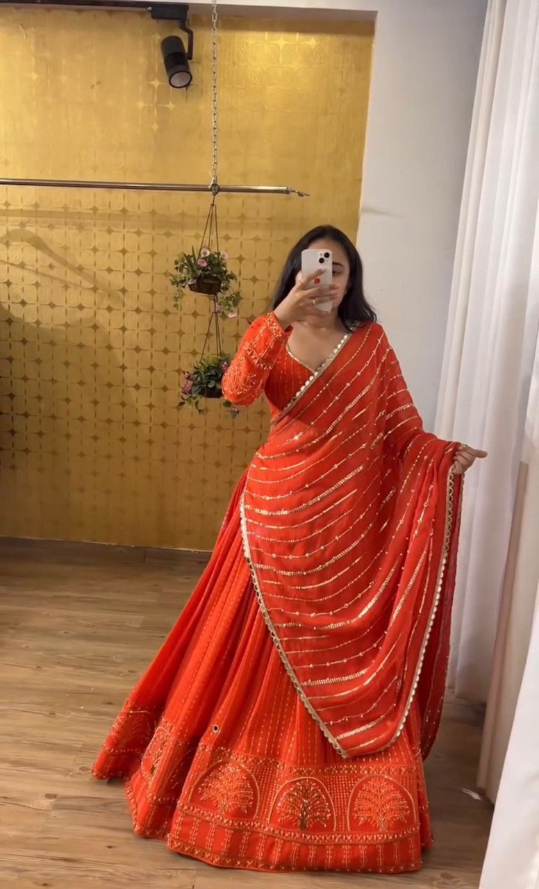 Orange Foux Gorgette thread with Sequnce Lehenga Choli - INSPIRED | Ready To Wear - qivii