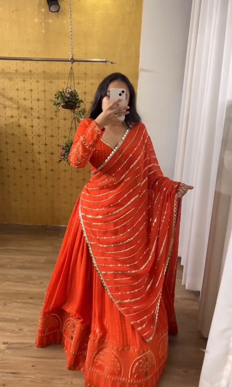 Orange Foux Gorgette thread with Sequnce Lehenga Choli - INSPIRED | Ready To Wear - qivii