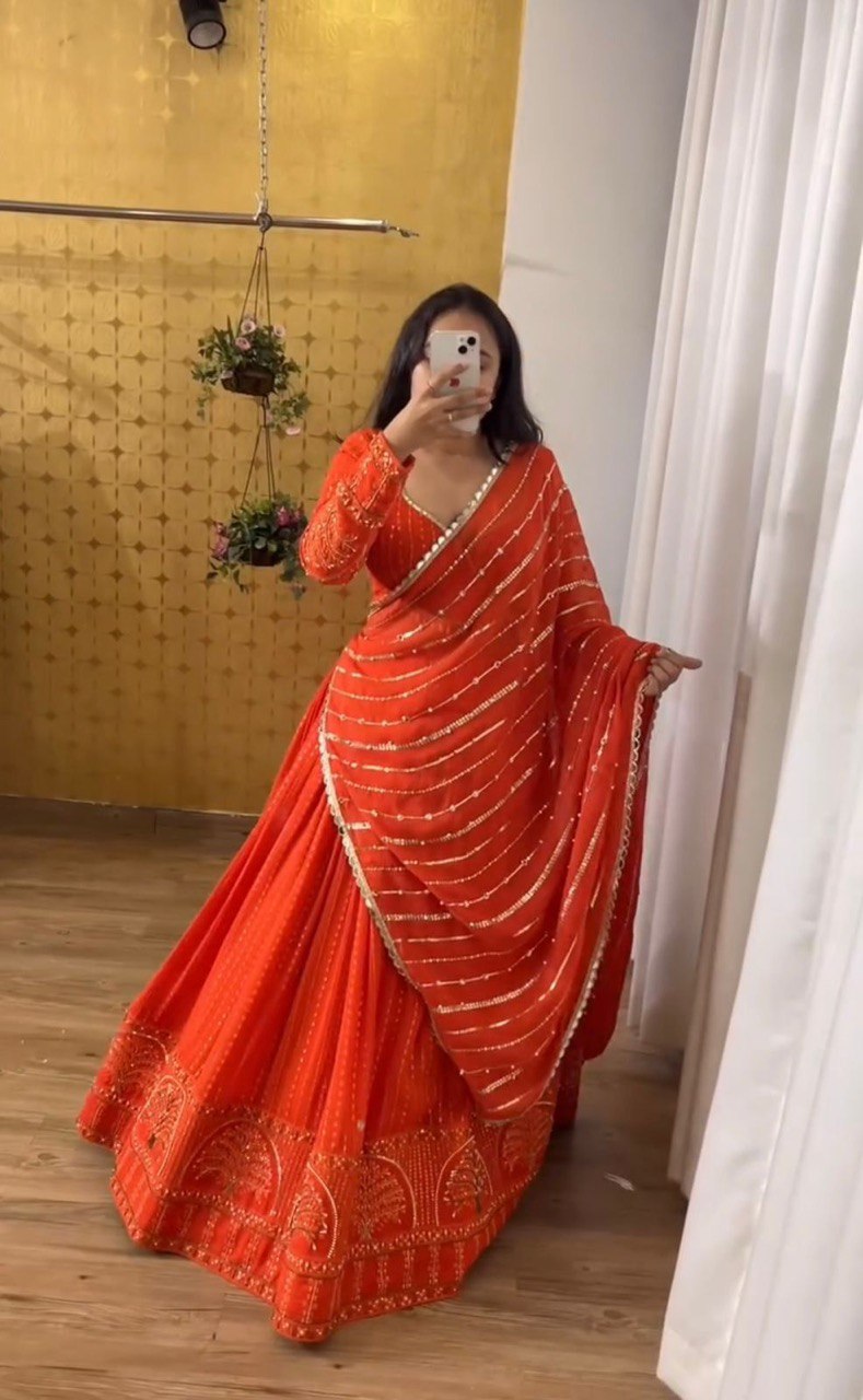 Orange Foux Gorgette thread with Sequnce Lehenga Choli - INSPIRED | Ready To Wear - qivii