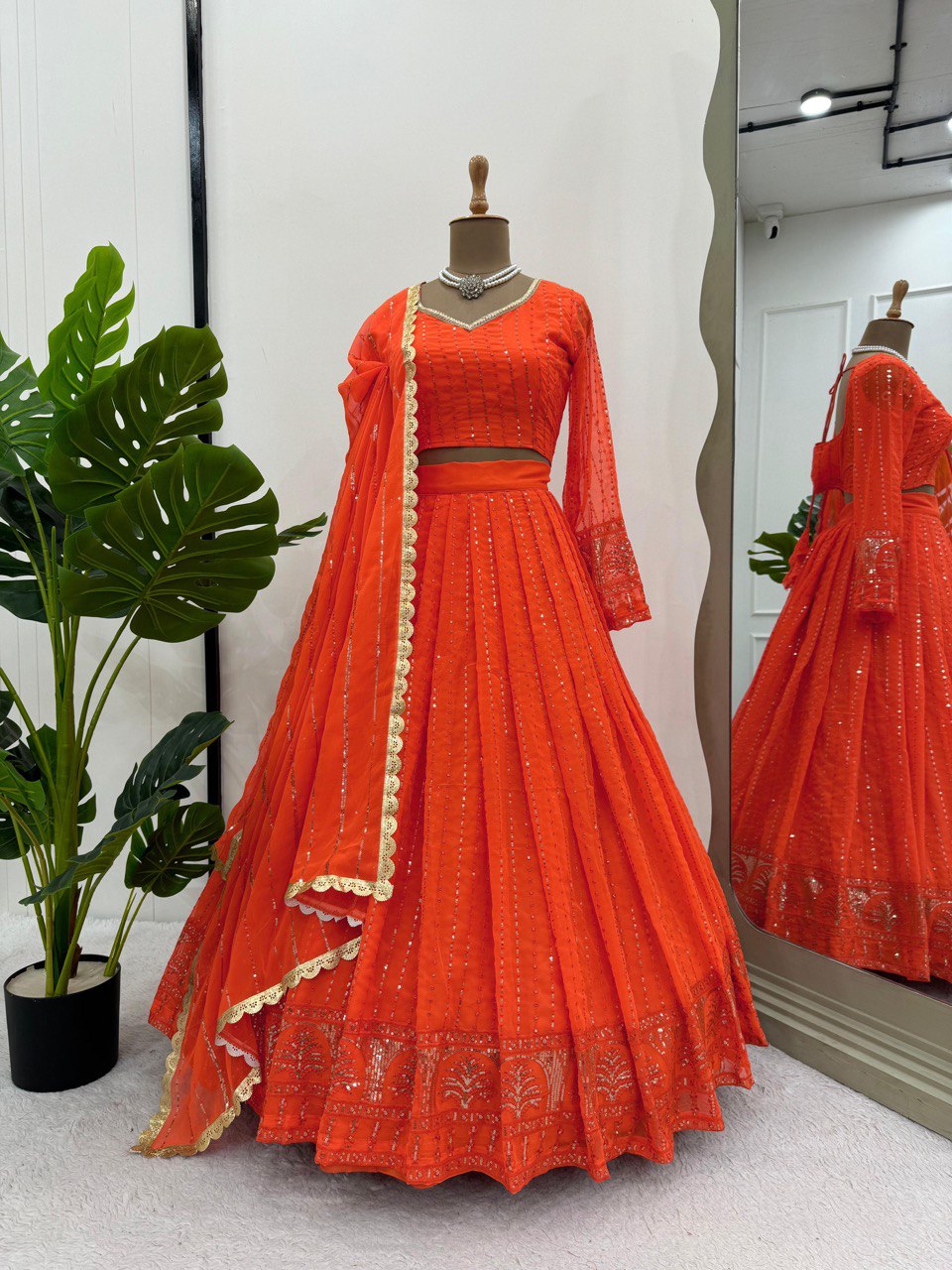 Orange Foux Gorgette thread with Sequnce Lehenga Choli - INSPIRED | Ready To Wear - qivii