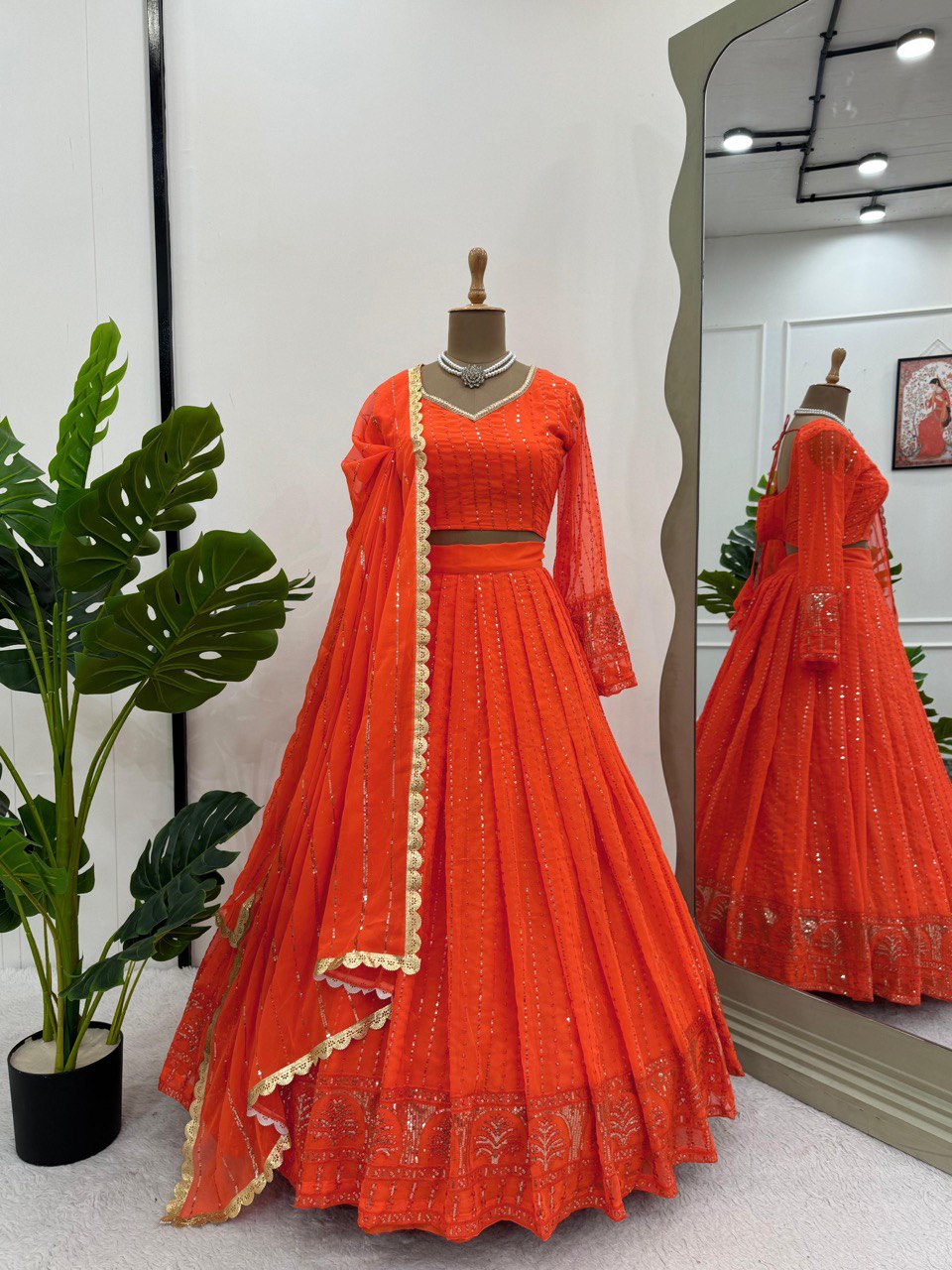 Orange Foux Gorgette thread with Sequnce Lehenga Choli - INSPIRED | Ready To Wear - qivii