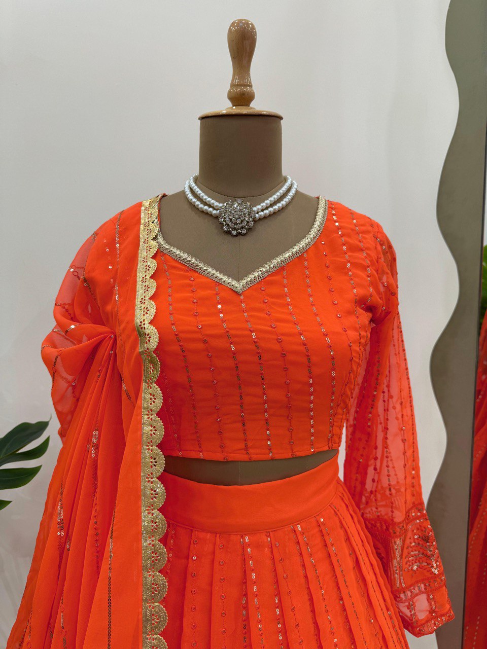 Orange Foux Gorgette thread with Sequnce Lehenga Choli - INSPIRED | Ready To Wear - qivii