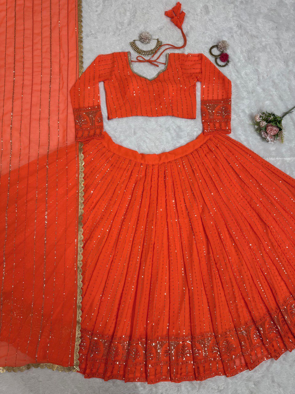Orange Foux Gorgette thread with Sequnce Lehenga Choli - INSPIRED | Ready To Wear - qivii