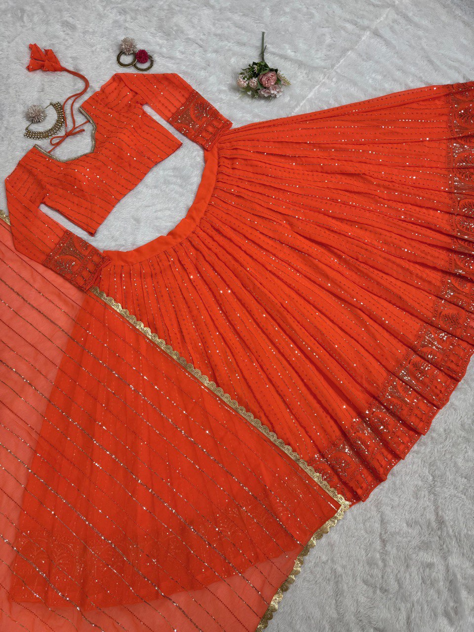 Orange Foux Gorgette thread with Sequnce Lehenga Choli - INSPIRED | Ready To Wear - qivii