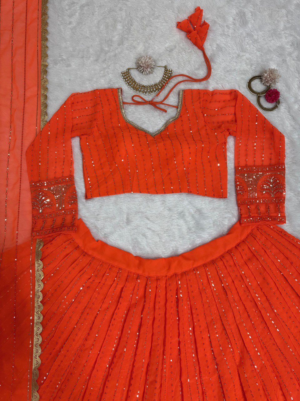 Orange Foux Gorgette thread with Sequnce Lehenga Choli - INSPIRED | Ready To Wear - qivii