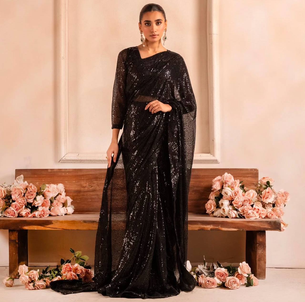BLACK FAUX GEORGEET WITH EMBROIDERY SEQUENCE DESIGN WORK SAREE - INSPIRED - qivii