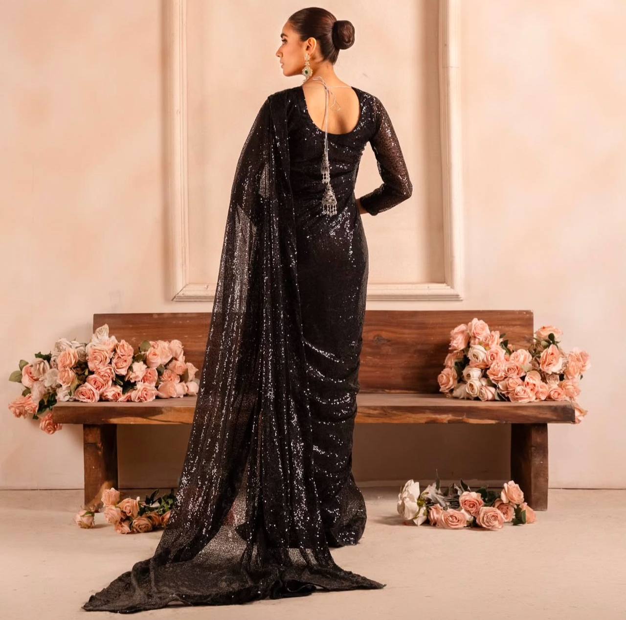 BLACK FAUX GEORGEET WITH EMBROIDERY SEQUENCE DESIGN WORK SAREE - INSPIRED - qivii