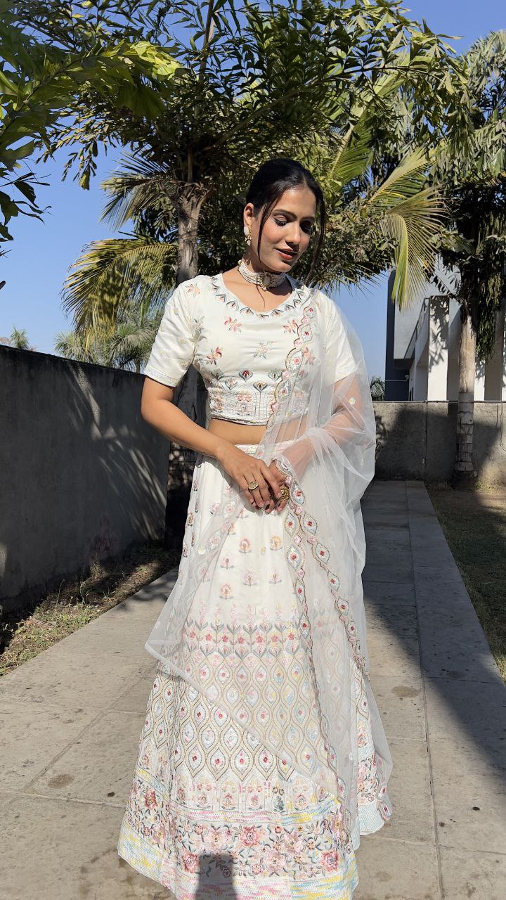 White Premium Georgette Embellished With Heavy Thread Embroidery ,Dori And Heavy Sequins Work With Heavy Cancan Lehenga- INSPIRED | Ready To Wear - qivii
