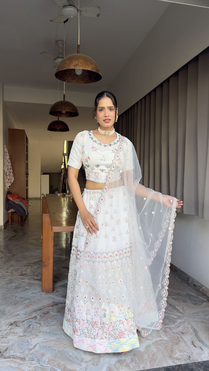 White Premium Georgette Embellished With Heavy Thread Embroidery ,Dori And Heavy Sequins Work With Heavy Cancan Lehenga- INSPIRED | Ready To Wear - qivii