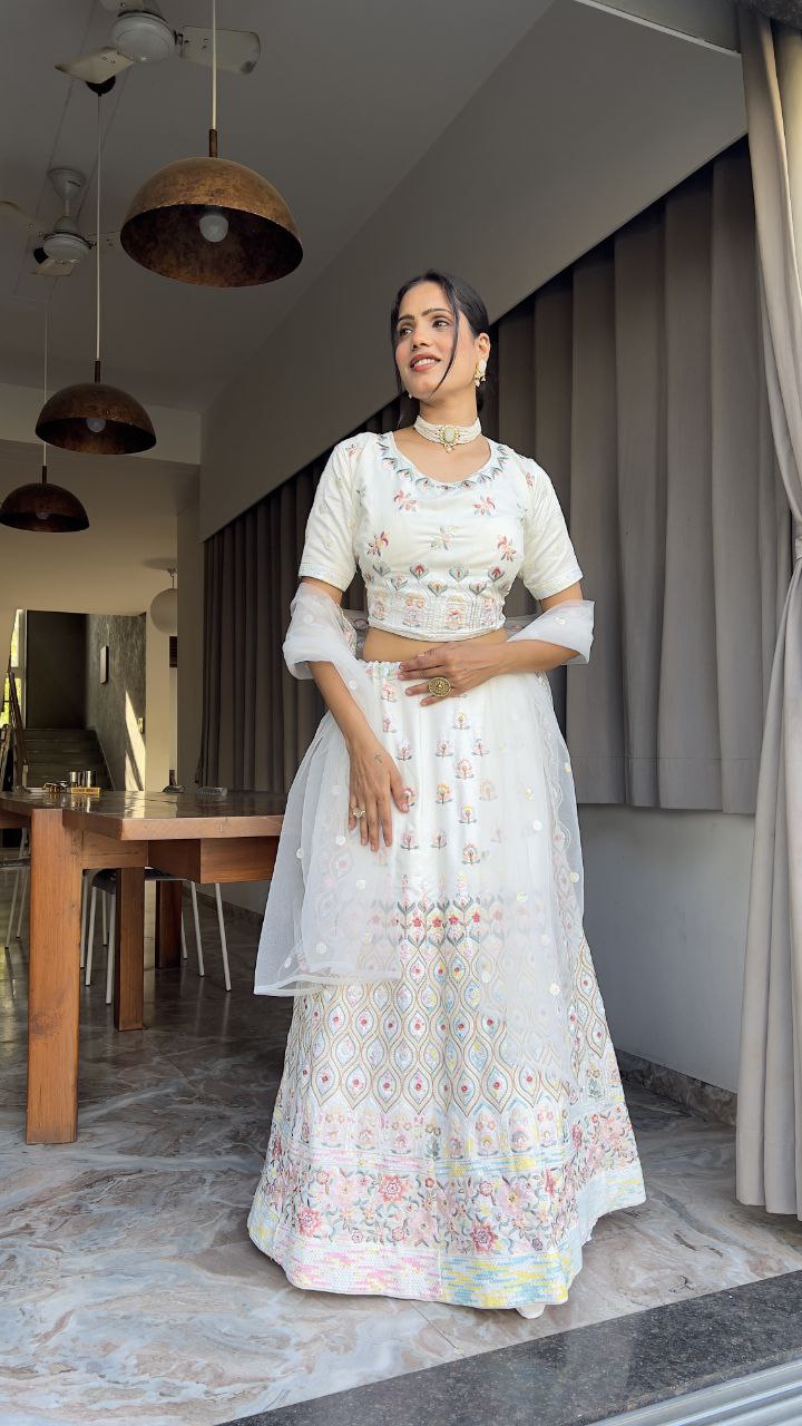 White Premium Georgette Embellished With Heavy Multi Colour Thread Embroidery ,Dori And Heavy Sequins Work Lehenga - INSPIRED | Ready To Wear - qivii