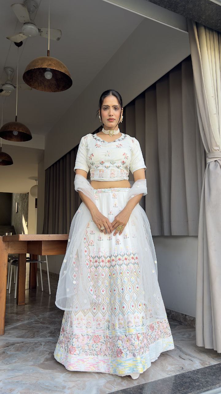 White Premium Georgette Embellished With Heavy Multi Colour Thread Embroidery ,Dori And Heavy Sequins Work Lehenga - INSPIRED | Ready To Wear - qivii