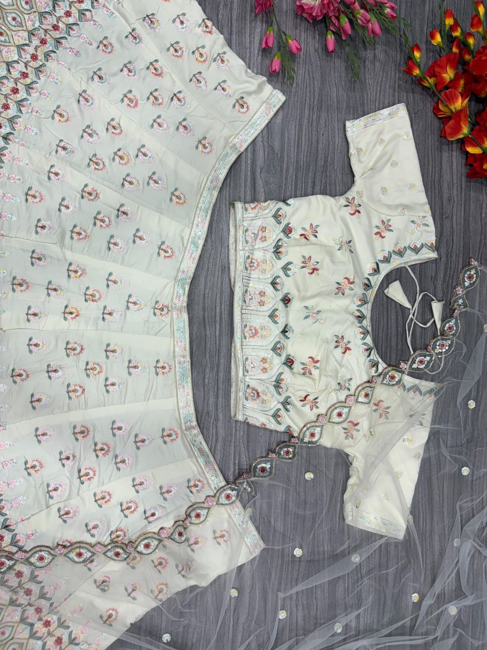 White Premium Georgette Embellished With Heavy Multi Colour Thread Embroidery ,Dori And Heavy Sequins Work Lehenga - INSPIRED | Ready To Wear - qivii