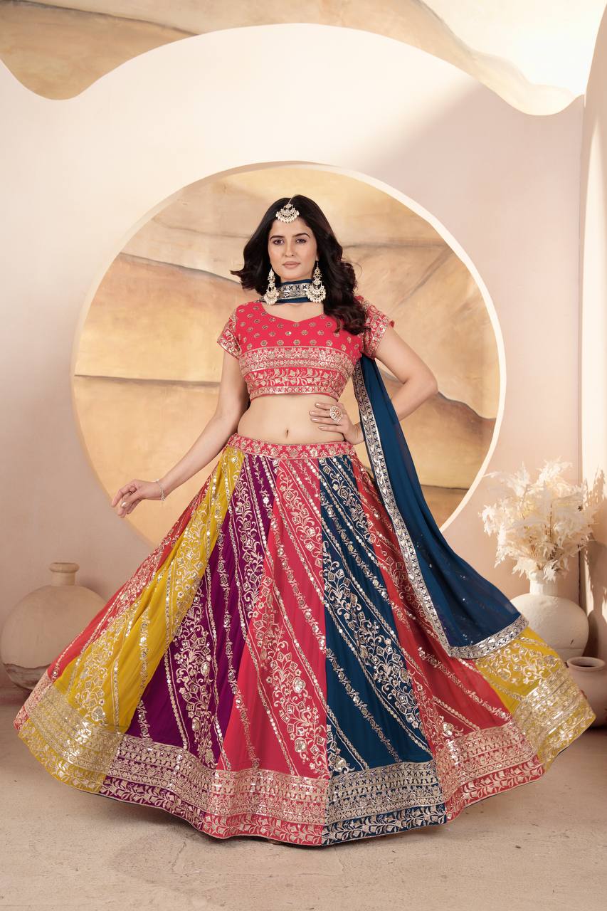 MULTI COLOR FAUX GEORGEET EMBROIDERY SEQUENCE DESIGN WORK LEHENGA - INSPIRED | Ready To Wear - qivii