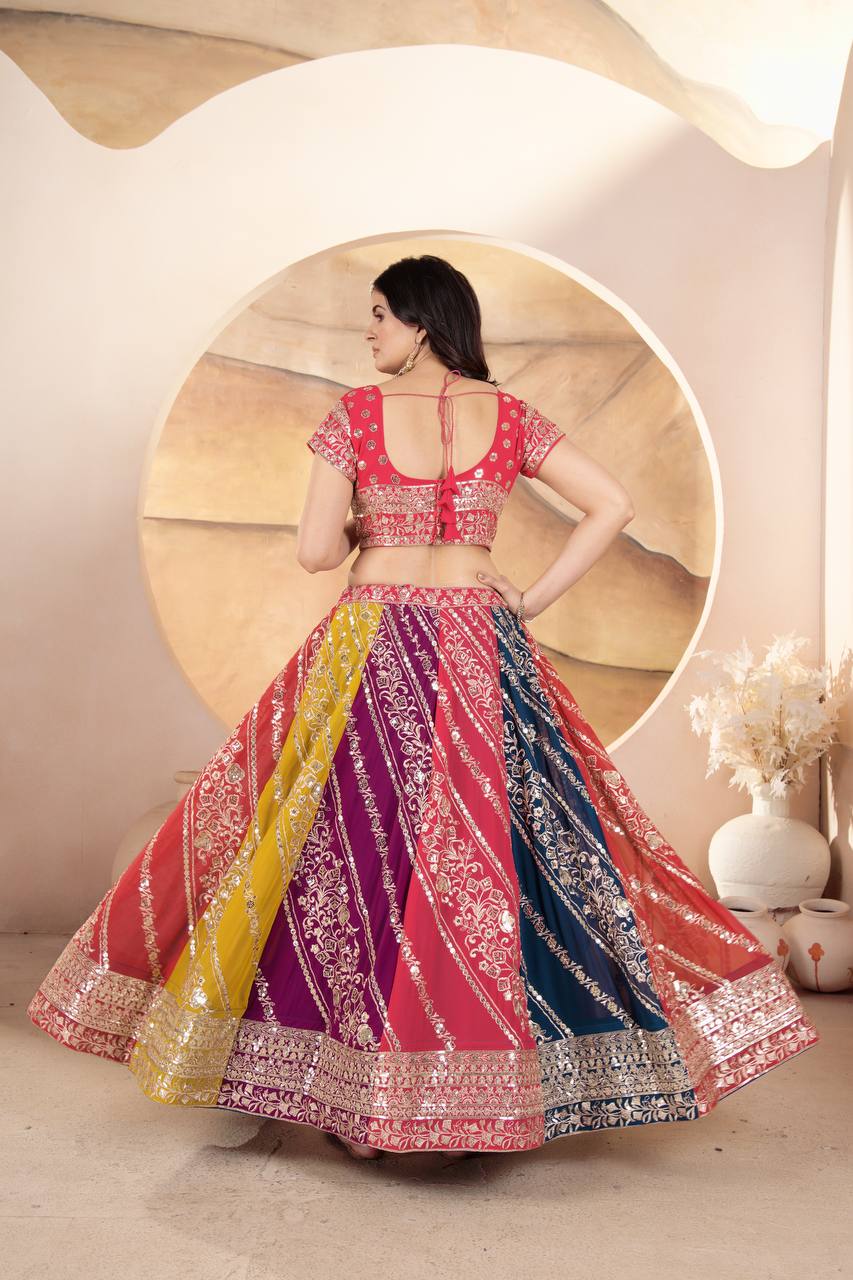 MULTI COLOR FAUX GEORGEET EMBROIDERY SEQUENCE DESIGN WORK LEHENGA - INSPIRED | Ready To Wear - qivii