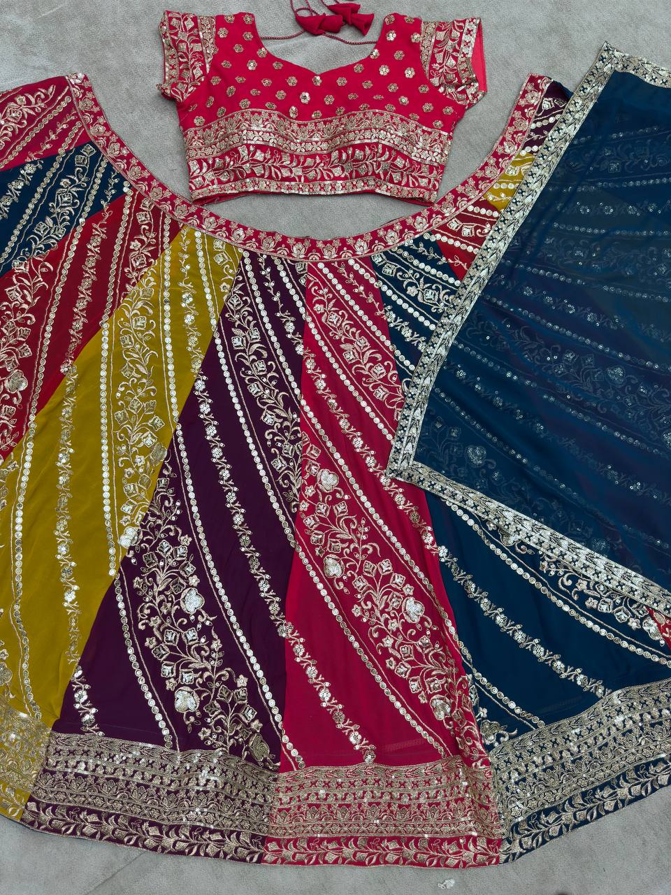 MULTI COLOR FAUX GEORGEET EMBROIDERY SEQUENCE DESIGN WORK LEHENGA - INSPIRED | Ready To Wear - qivii