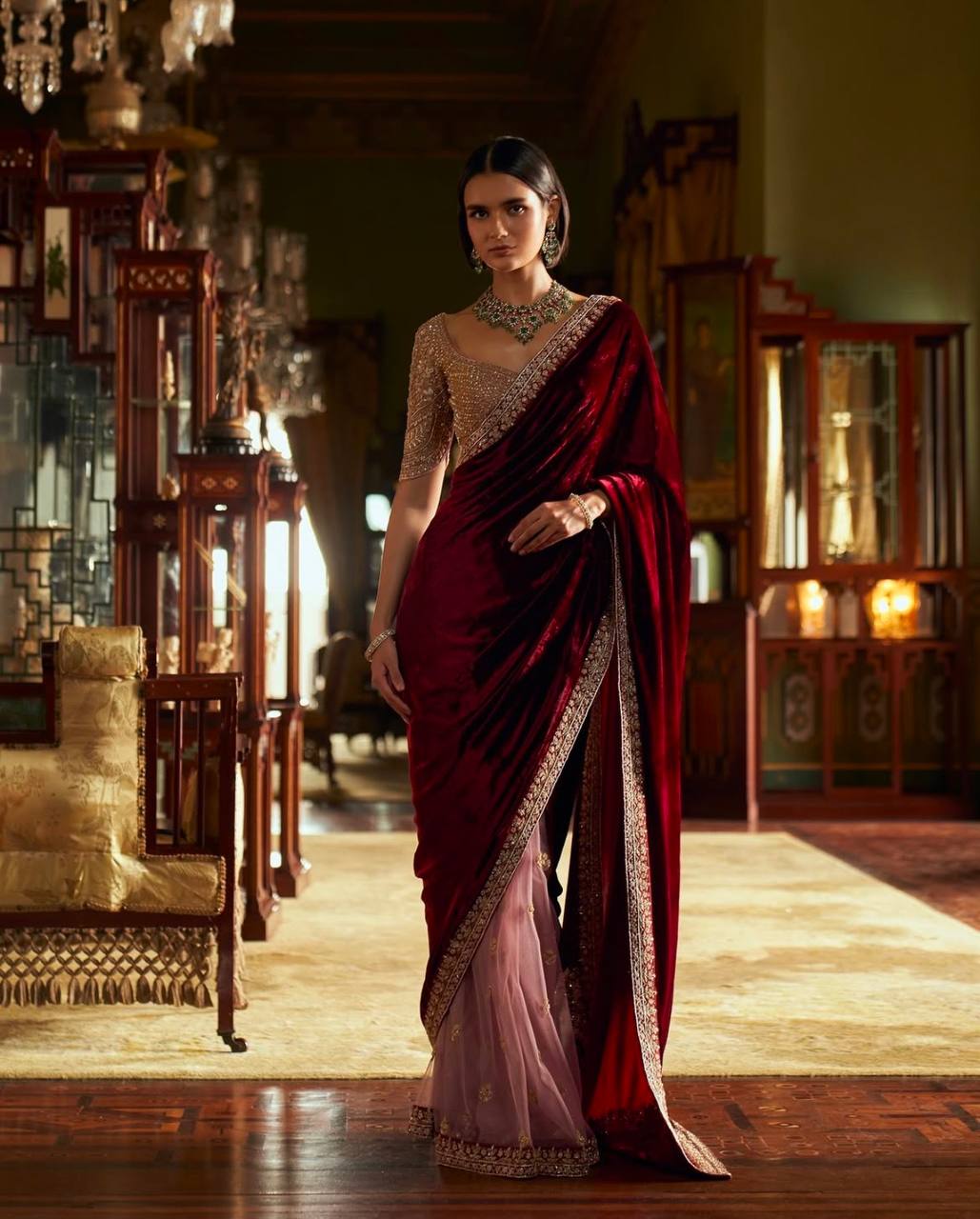 Maroon velvet + net saree with sequins , thread & Dori work Saree - INSPIRED - qivii