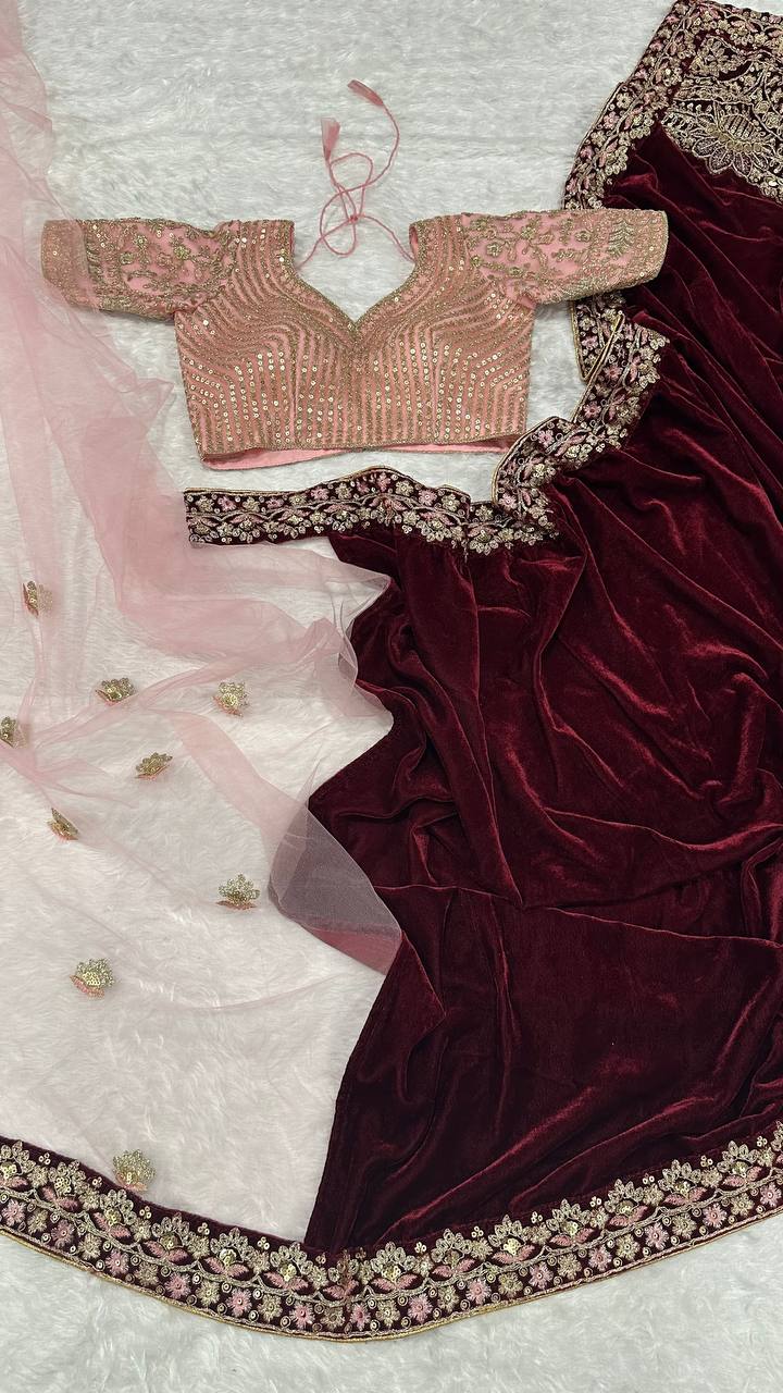 Maroon velvet + net saree with sequins , thread & Dori work Saree - INSPIRED - qivii