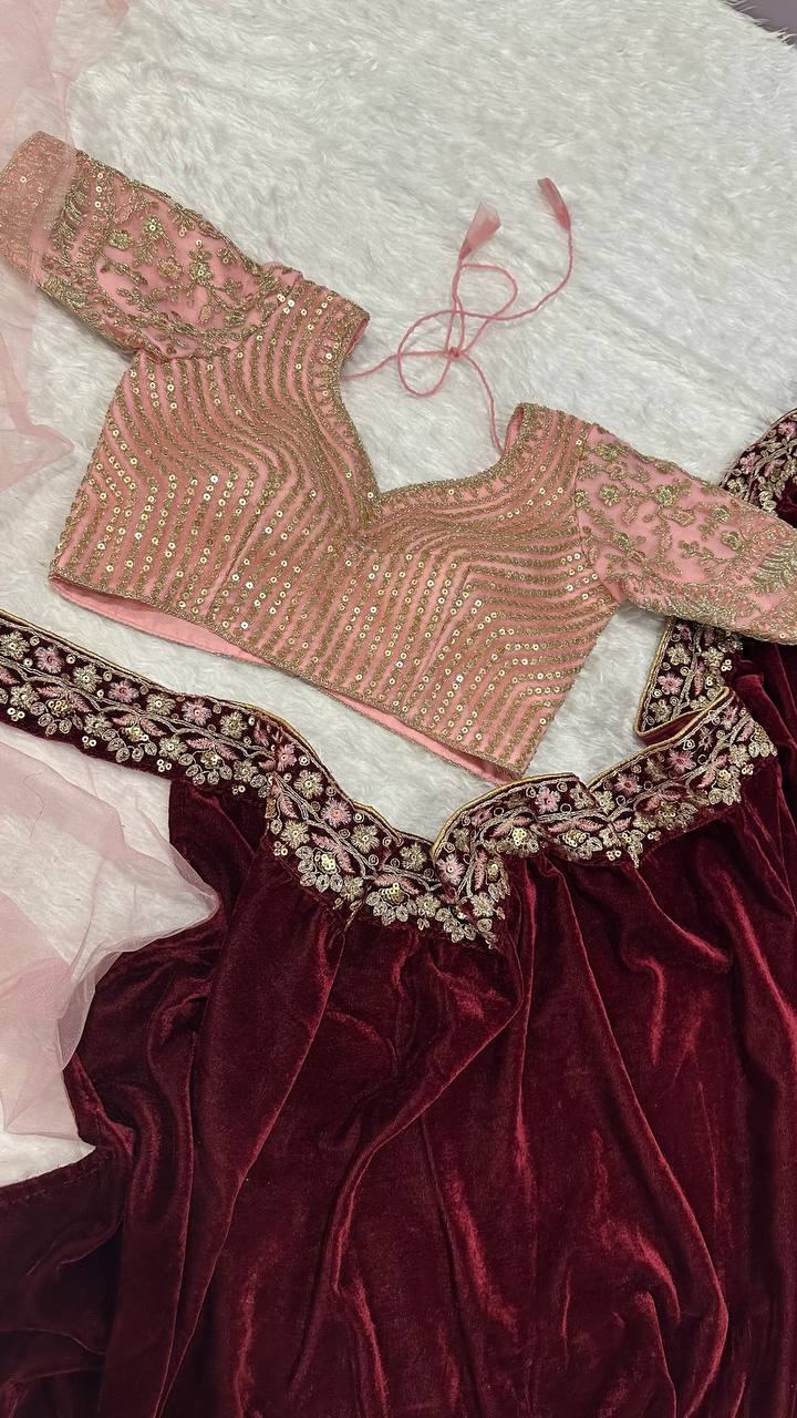 Maroon velvet + net saree with sequins , thread & Dori work Saree - INSPIRED - qivii