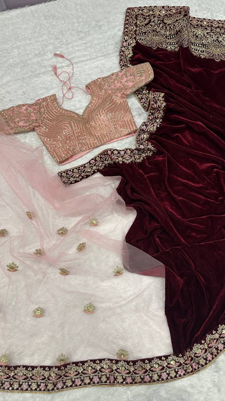 Maroon velvet + net saree with sequins , thread & Dori work Saree - INSPIRED - qivii