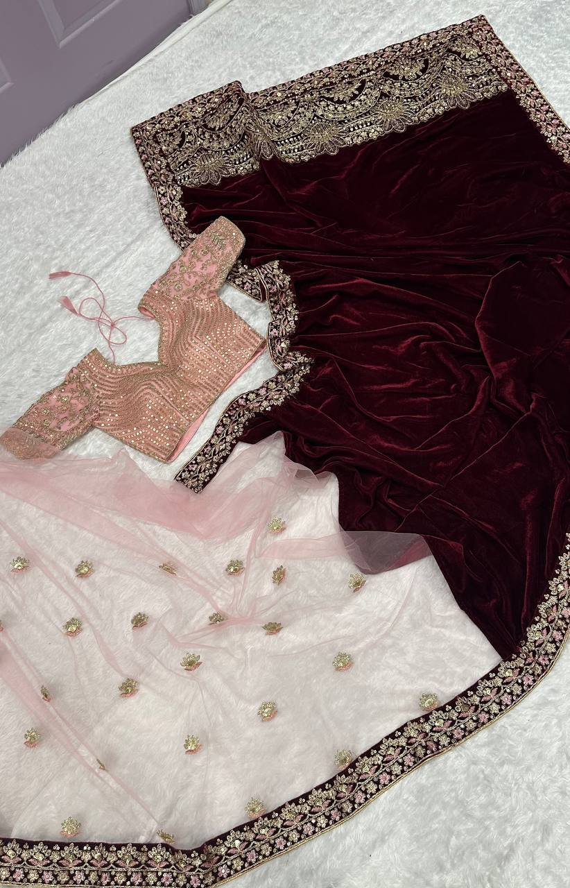 Maroon velvet + net saree with sequins , thread & Dori work Saree - INSPIRED - qivii