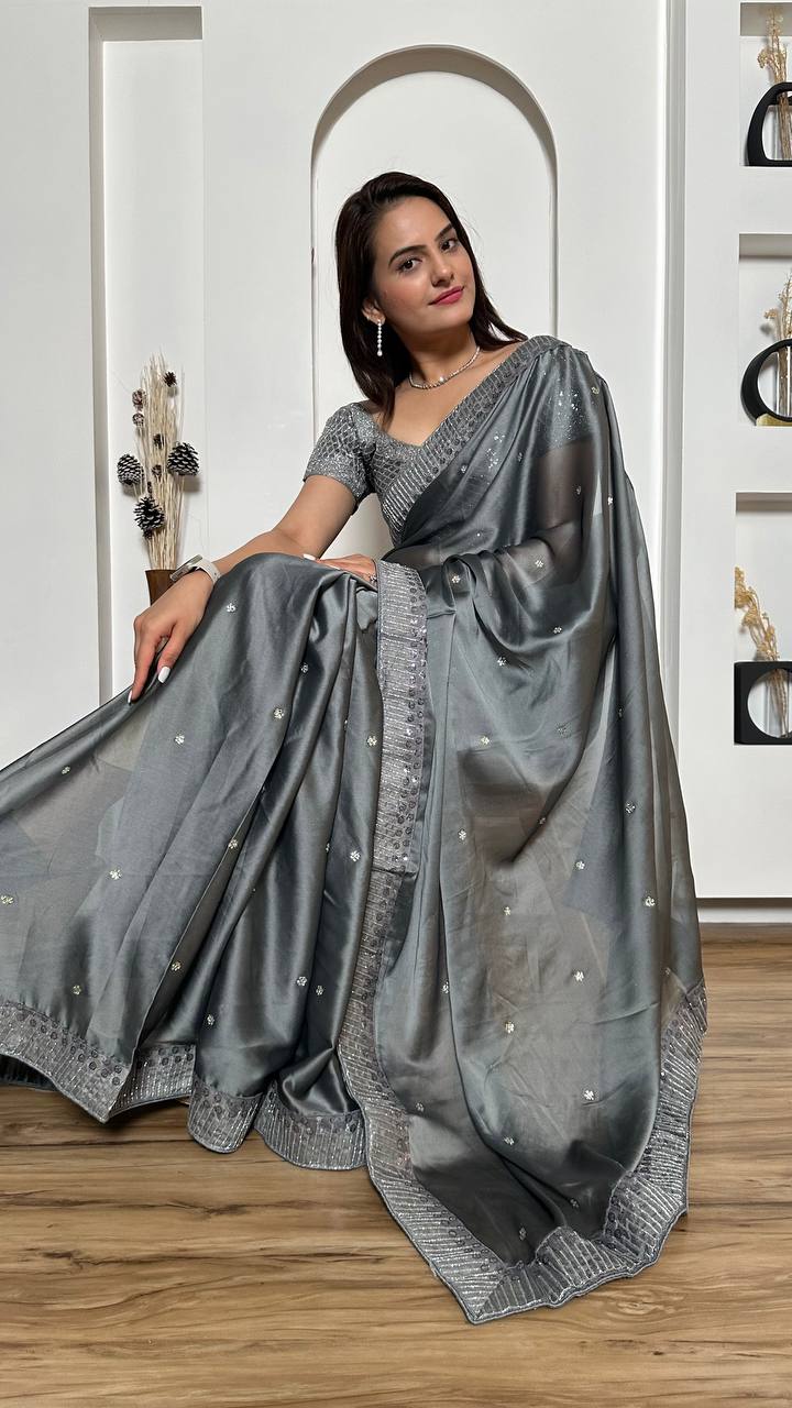 Silver Rangoli silk saree with sequins & dori work + stone work - INSPIRED - qivii