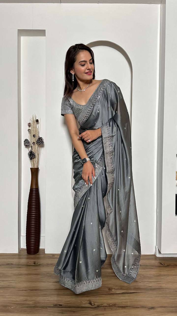 Silver Rangoli silk saree with sequins & dori work + stone work - INSPIRED - qivii