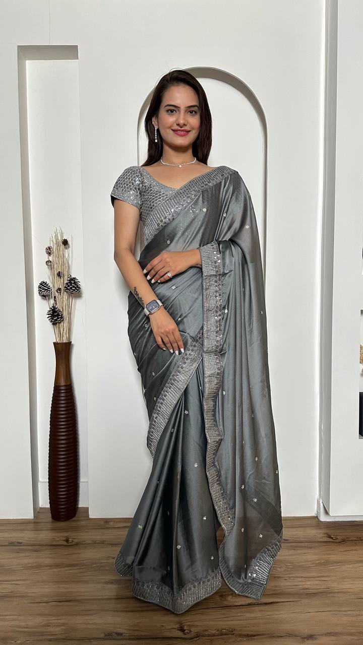 Silver Rangoli silk saree with sequins & dori work + stone work - INSPIRED - qivii